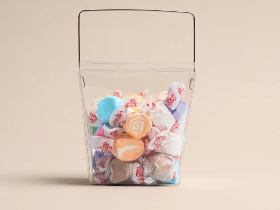 A clear plastic takeout-style container with a black wire handle is filled with colorful saltwater taffy candies. The candies are individually wrapped in white wax paper with red branding, and they come in various pastel colors, including blue, orange, purple, and white, some featuring swirled patterns. The container sits on a neutral beige surface against a matching background.